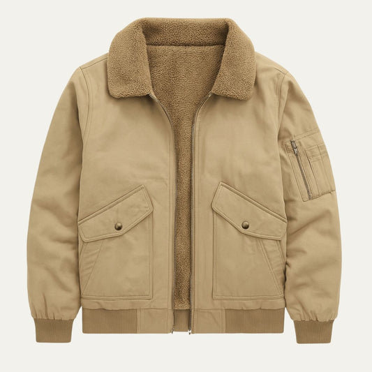 Men's Fleece Lined Bomber Jacket with Spread Collar and Zip Closure