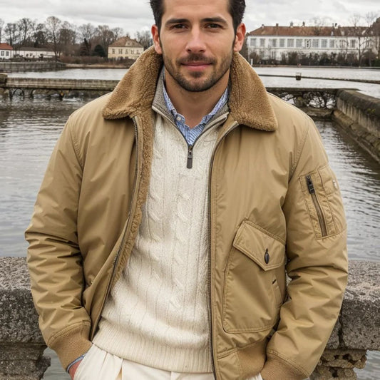 Men's Fleece Lined Bomber Jacket with Spread Collar and Zip Closure
