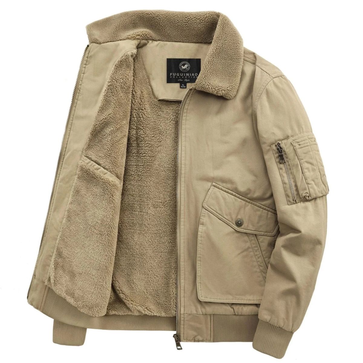 Men's Fleece Lined Bomber Jacket with Spread Collar and Zip Closure