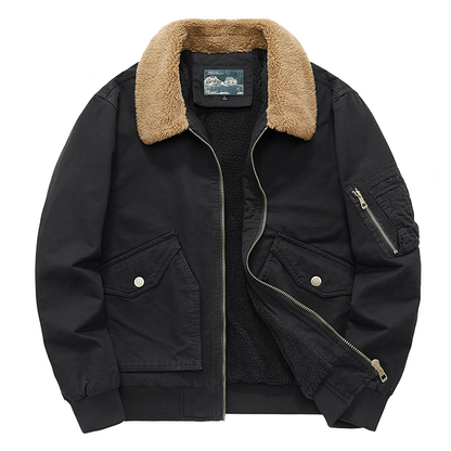 Men's Fleece Lined Bomber Jacket with Spread Collar and Zip Closure