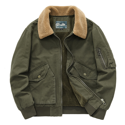 Men's Fleece Lined Bomber Jacket with Spread Collar and Zip Closure