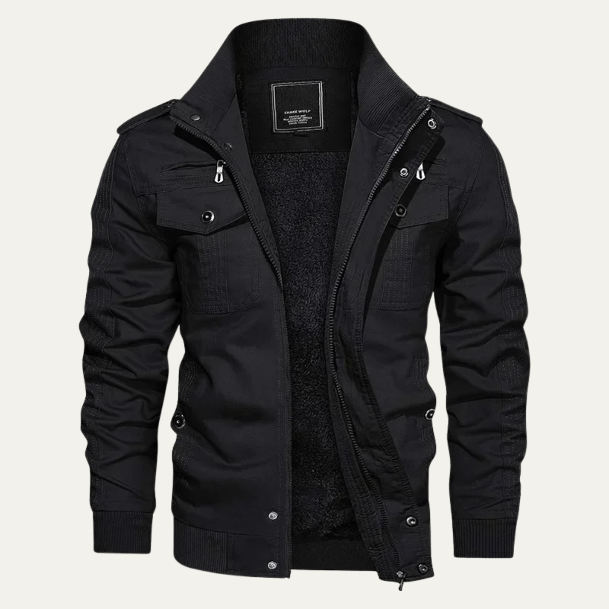 Men's Fleece-Lined Bomber Jacket with Stand Collar and Multi-Pocket Design
