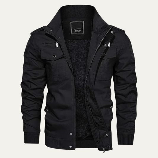 Men's Fleece-Lined Bomber Jacket with Stand Collar and Multi-Pocket Design