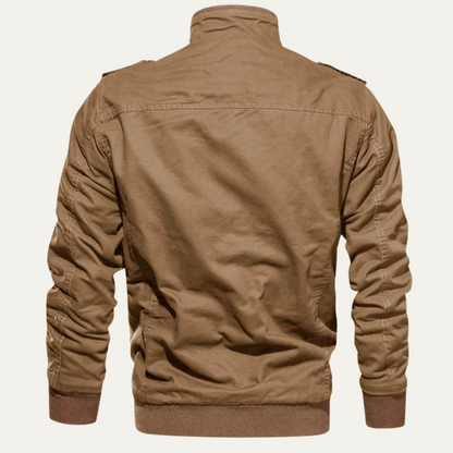 Men's Fleece-Lined Bomber Jacket with Stand Collar and Multi-Pocket Design