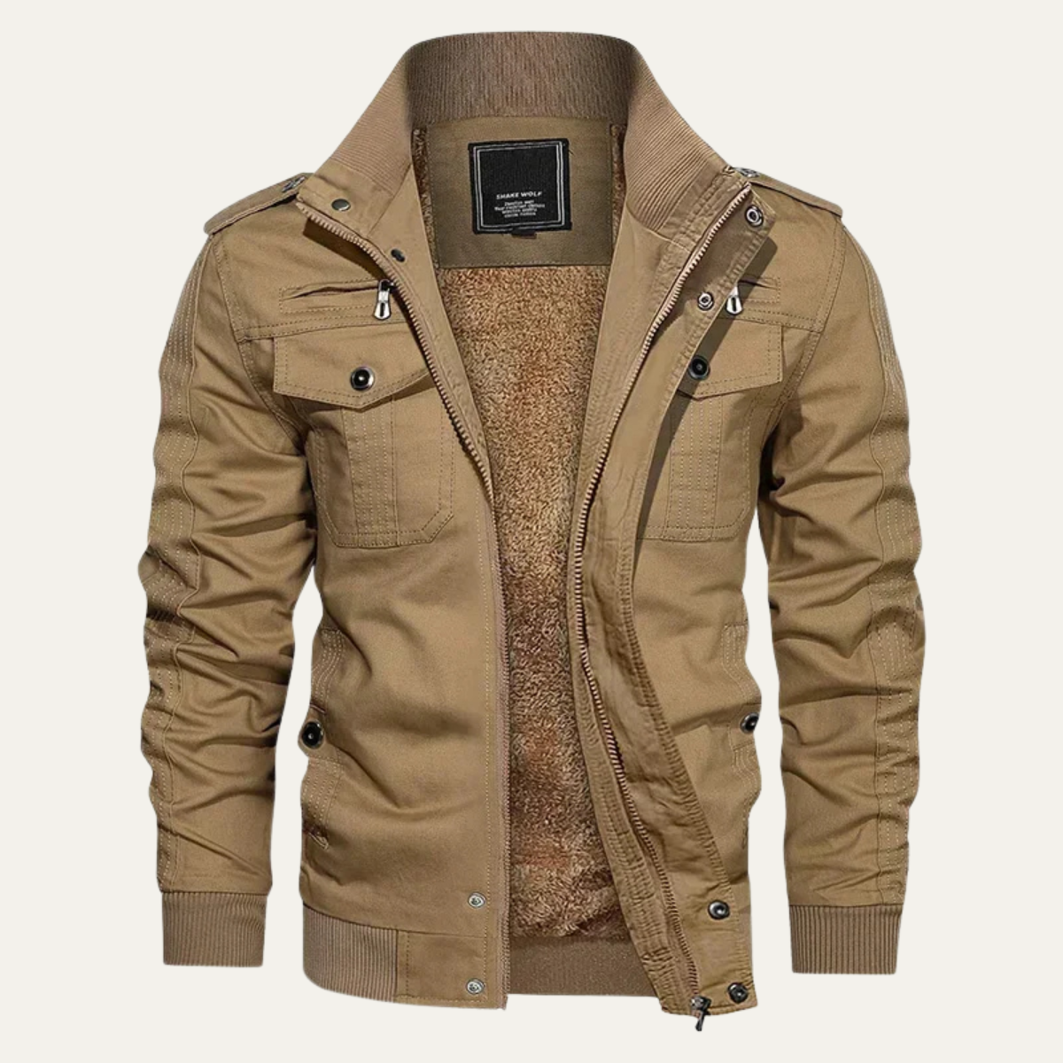 Men's Fleece-Lined Bomber Jacket with Stand Collar and Multi-Pocket Design