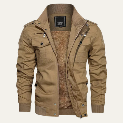 Men's Fleece-Lined Bomber Jacket with Stand Collar and Multi-Pocket Design