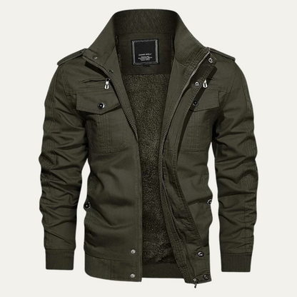 Men's Fleece-Lined Bomber Jacket with Stand Collar and Multi-Pocket Design