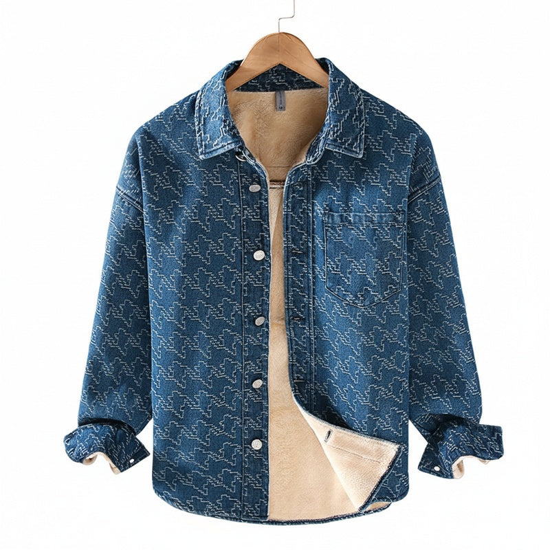 Men's Fleece-Lined Denim Jacket Long Sleeve with Houndstooth Pattern