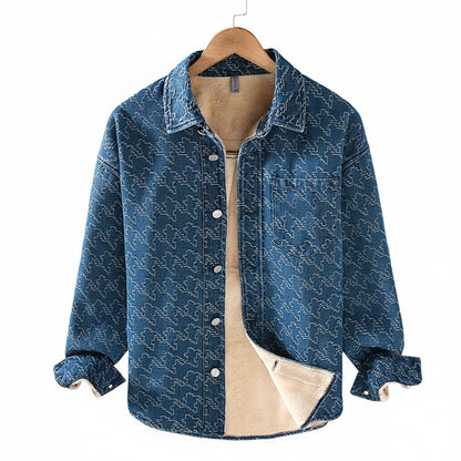 Men's Fleece-Lined Denim Jacket Long Sleeve with Houndstooth Pattern