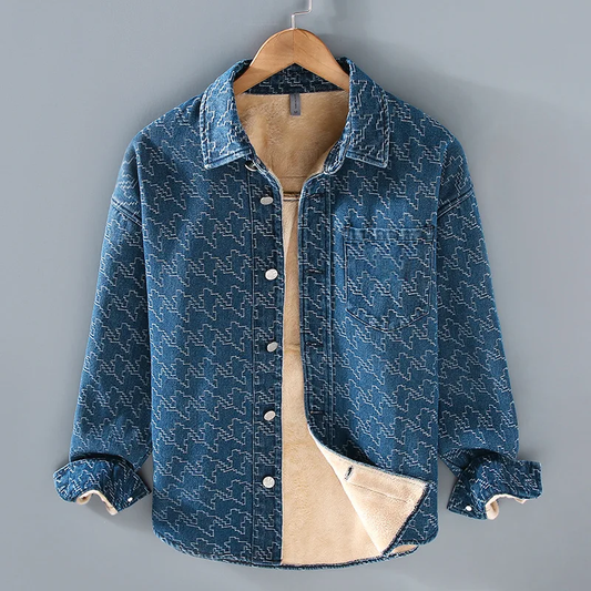Men's Fleece-Lined Denim Jacket Long Sleeve with Houndstooth Pattern