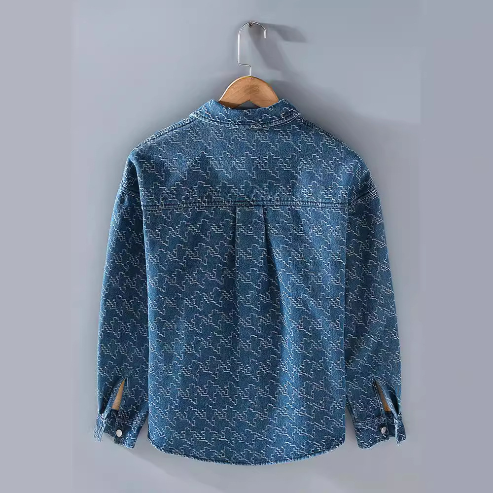 Men's Fleece-Lined Denim Jacket Long Sleeve with Houndstooth Pattern