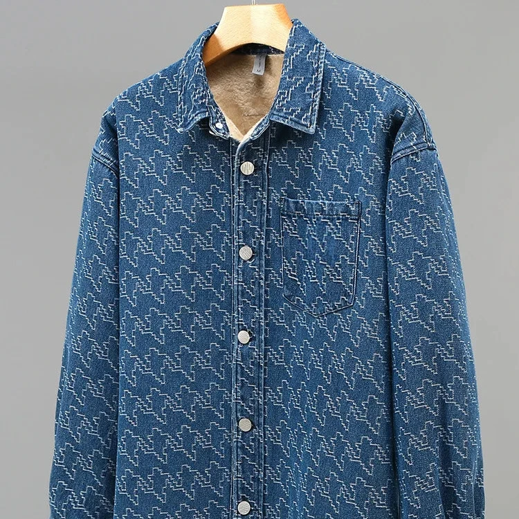 Men's Fleece-Lined Denim Jacket Long Sleeve with Houndstooth Pattern