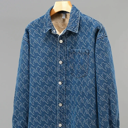 Men's Fleece-Lined Denim Jacket Long Sleeve with Houndstooth Pattern