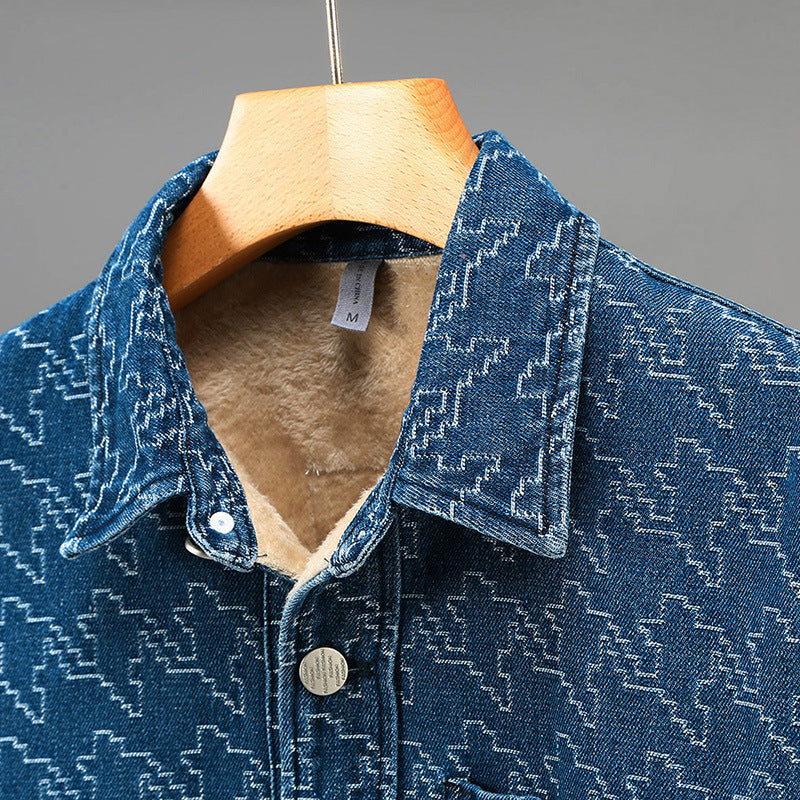Men's Fleece-Lined Denim Jacket Long Sleeve with Houndstooth Pattern