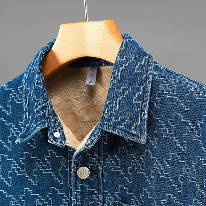 Men's Fleece-Lined Denim Jacket Long Sleeve with Houndstooth Pattern