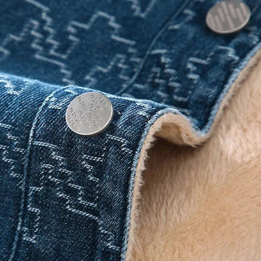 Men's Fleece-Lined Denim Jacket Long Sleeve with Houndstooth Pattern