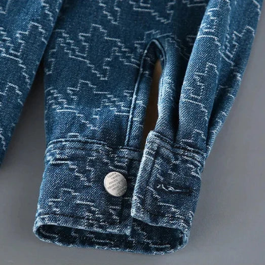 Men's Fleece-Lined Denim Jacket Long Sleeve with Houndstooth Pattern