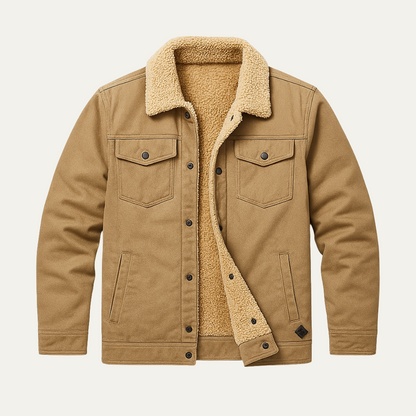Men's Fleece-Lined Trucker Jacket with Sherpa Collar and Snap Button Closure