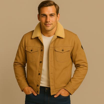 Men's Fleece-Lined Trucker Jacket with Sherpa Collar and Snap Button Closure