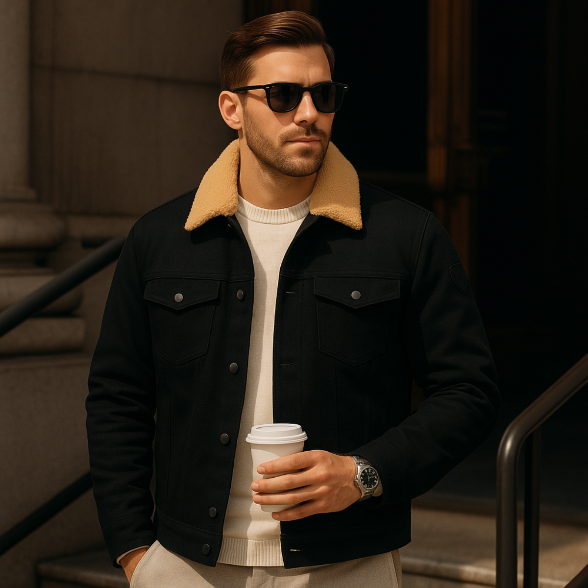 Men's Fleece-Lined Trucker Jacket with Sherpa Collar and Snap Button Closure
