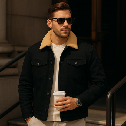 Men's Fleece-Lined Trucker Jacket with Sherpa Collar and Snap Button Closure