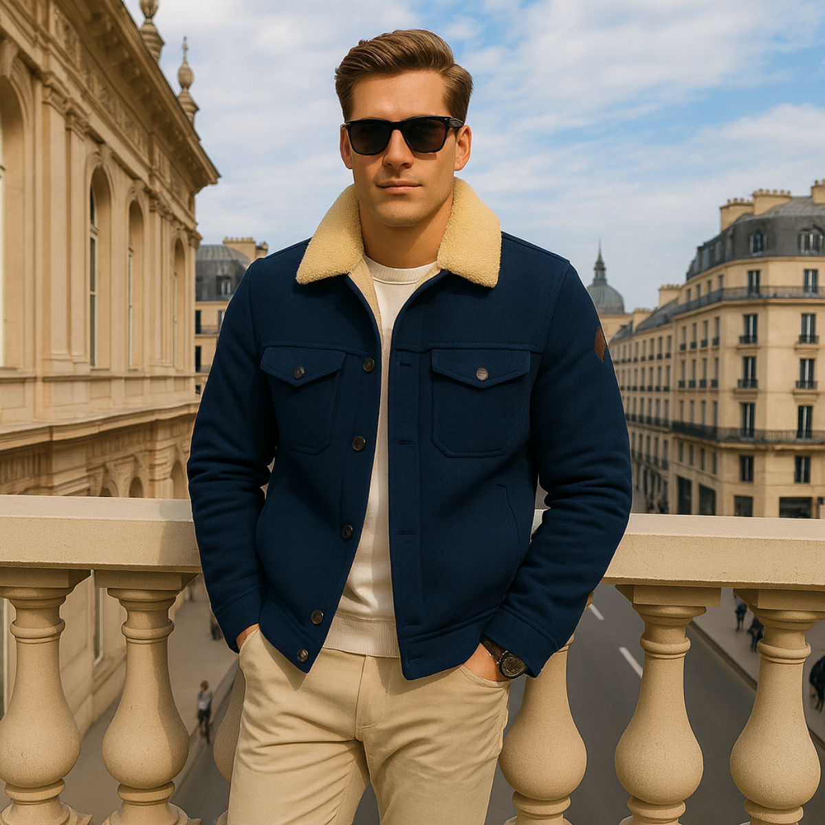 Men's Fleece-Lined Trucker Jacket with Sherpa Collar and Snap Button Closure