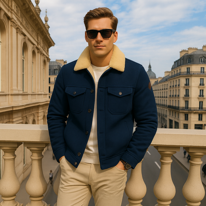 Men's Fleece-Lined Trucker Jacket with Sherpa Collar and Snap Button Closure
