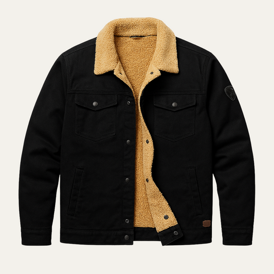 Men's Fleece-Lined Trucker Jacket with Sherpa Collar and Snap Button Closure