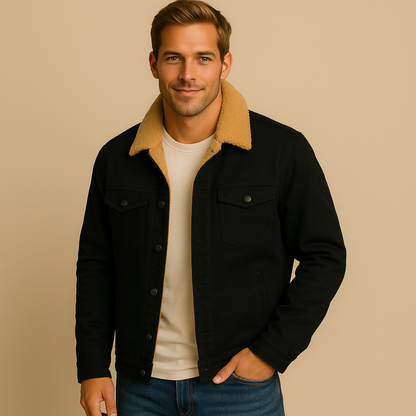 Men's Fleece-Lined Trucker Jacket with Sherpa Collar and Snap Button Closure
