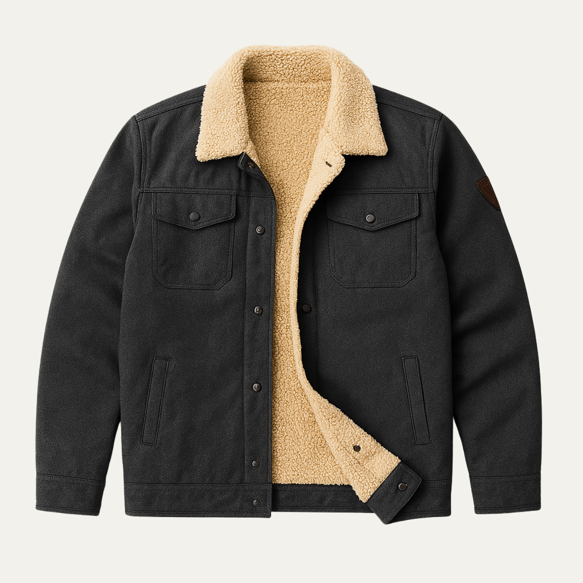 Men's Fleece-Lined Trucker Jacket with Sherpa Collar and Snap Button Closure