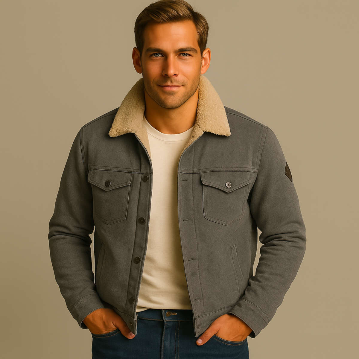 Men's Fleece-Lined Trucker Jacket with Sherpa Collar and Snap Button Closure