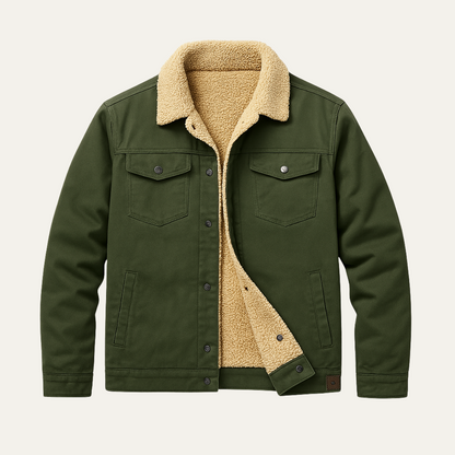 Men's Fleece-Lined Trucker Jacket with Sherpa Collar and Snap Button Closure