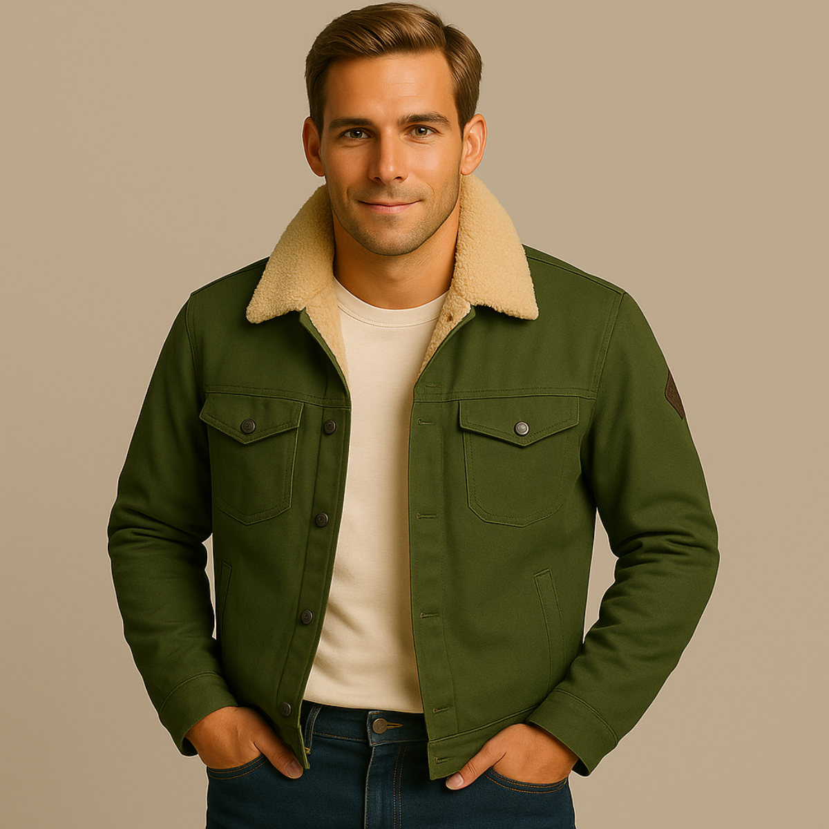 Men's Fleece-Lined Trucker Jacket with Sherpa Collar and Snap Button Closure