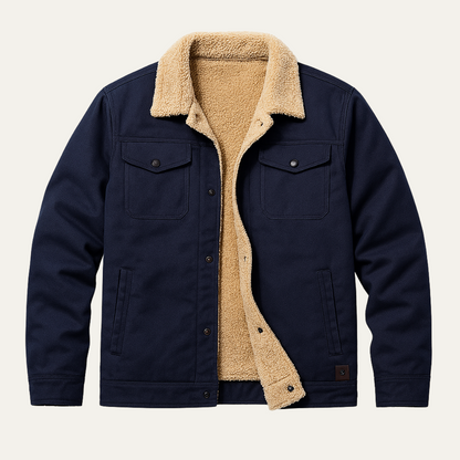 Men's Fleece-Lined Trucker Jacket with Sherpa Collar and Snap Button Closure