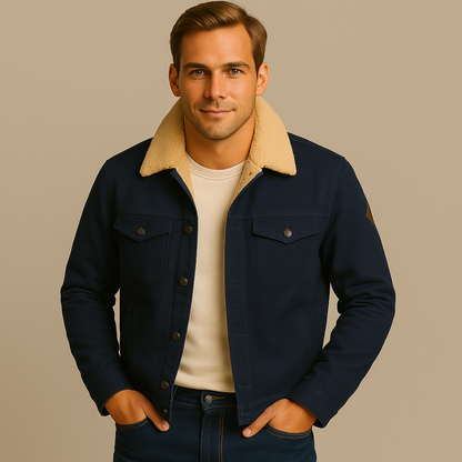 Men's Fleece-Lined Trucker Jacket with Sherpa Collar and Snap Button Closure