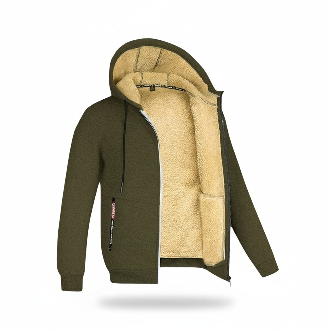 Men's Fleece-Lined Zip-Up Hoodie with Hood and Front Pockets