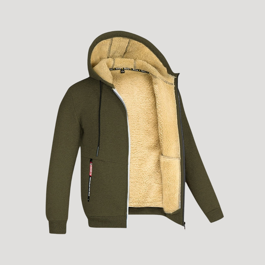 Men's Fleece-Lined Zip-Up Hoodie with Hood and Front Pockets
