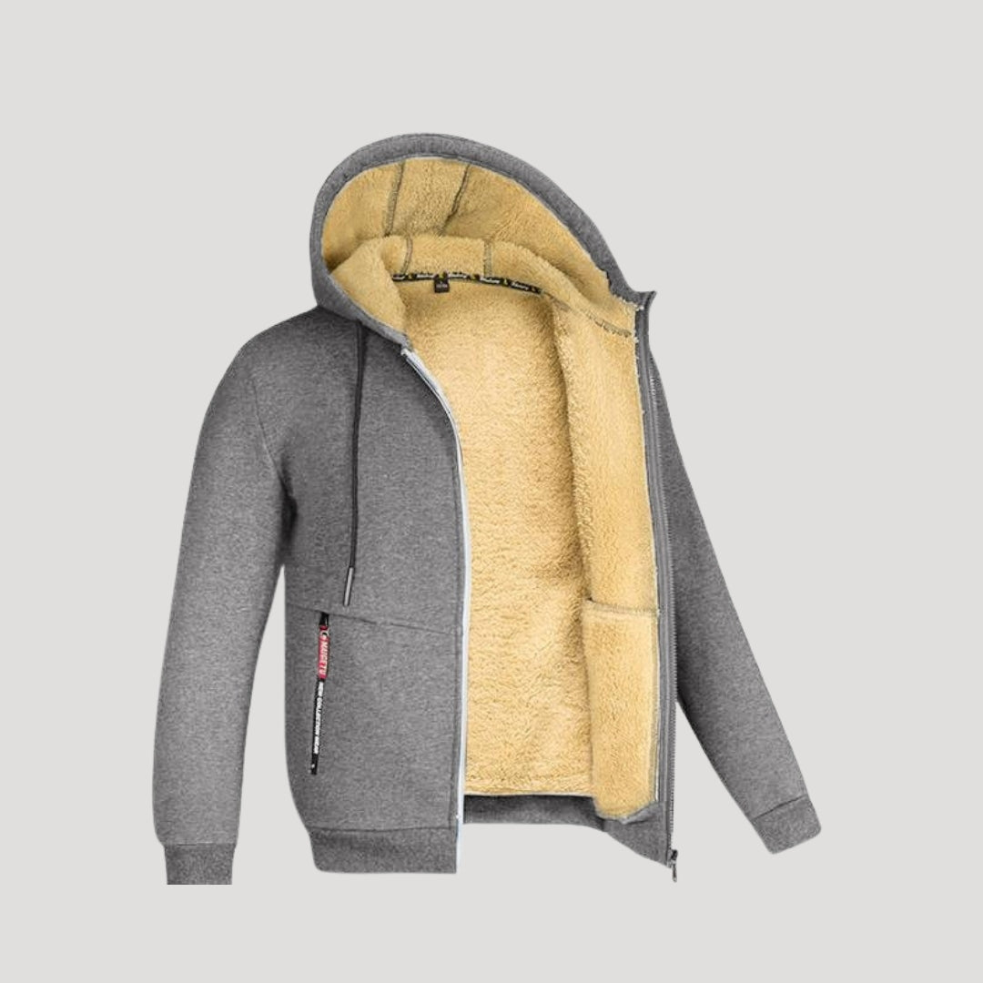 Men's Fleece-Lined Zip-Up Hoodie with Hood and Front Pockets