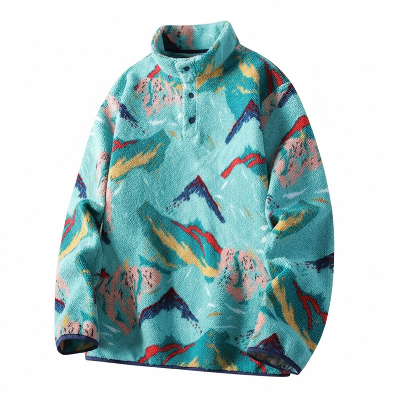 Men’s Pullover with Snap-Button Neckline, Relaxed Fit and All-Over Landscape Pattern