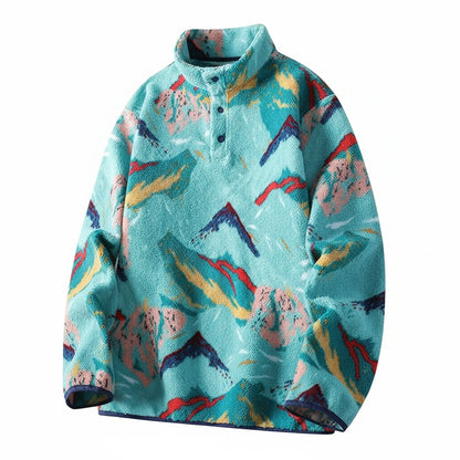 Men’s Pullover with Snap-Button Neckline, Relaxed Fit and All-Over Landscape Pattern