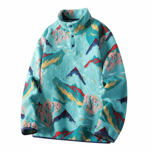 Men’s Pullover with Snap-Button Neckline, Relaxed Fit and All-Over Landscape Pattern