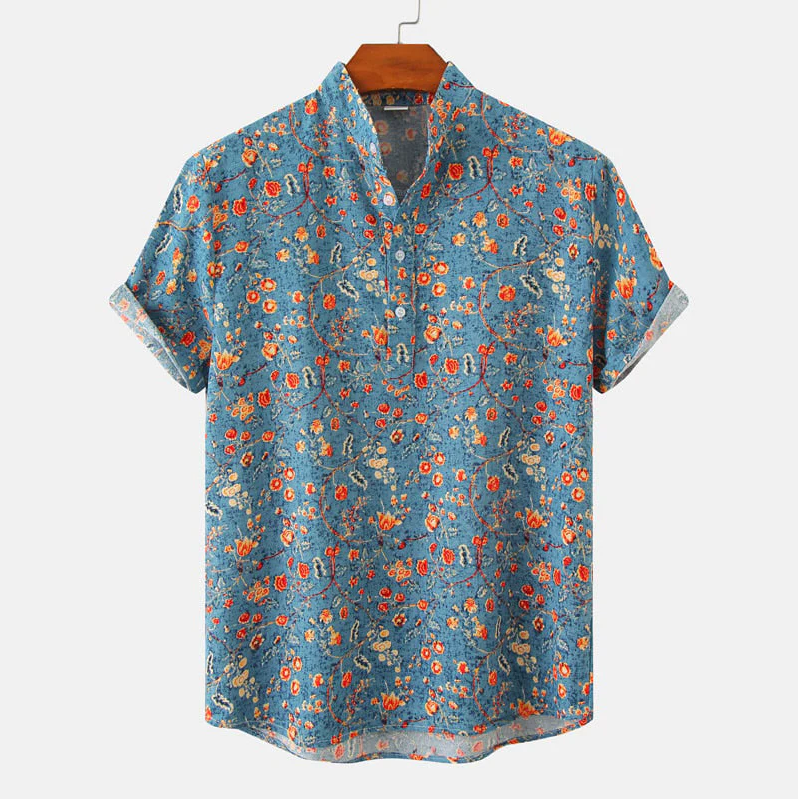 Men's Floral Print Short Sleeve Shirt with Mandarin Collar and Half Button Placket