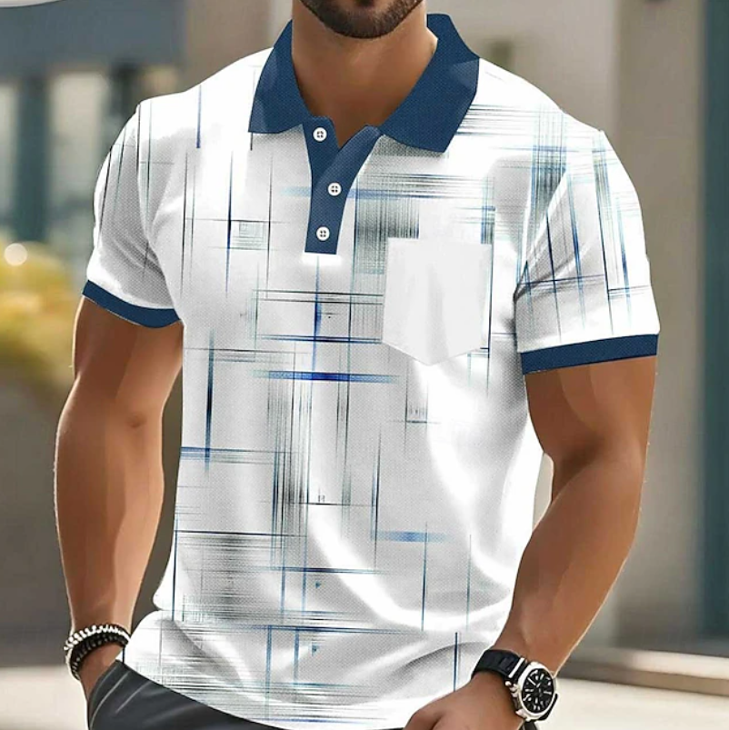 Men's Geometric Print Polo Shirt with Button Placket and Chest Pocket