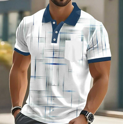 Men's Geometric Print Polo Shirt with Button Placket and Chest Pocket
