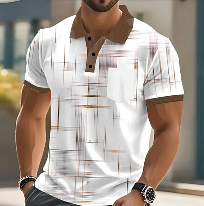 Men's Geometric Print Polo Shirt with Button Placket and Chest Pocket