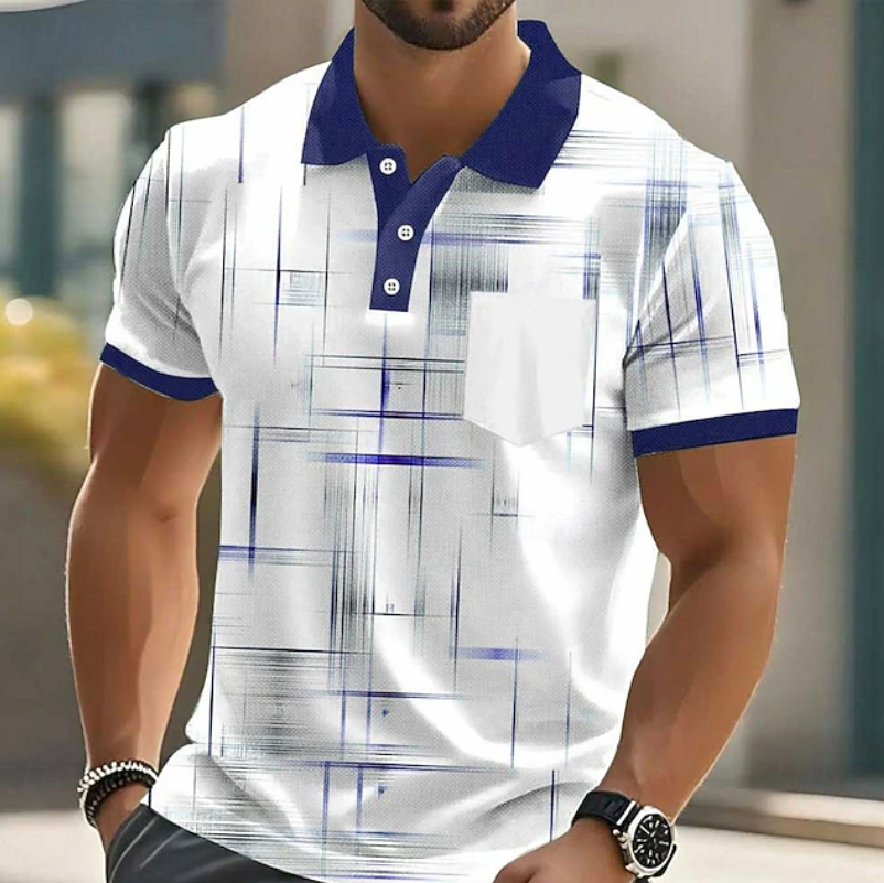 Men's Geometric Print Polo Shirt with Button Placket and Chest Pocket