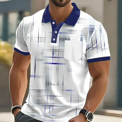Men's Geometric Print Polo Shirt with Button Placket and Chest Pocket