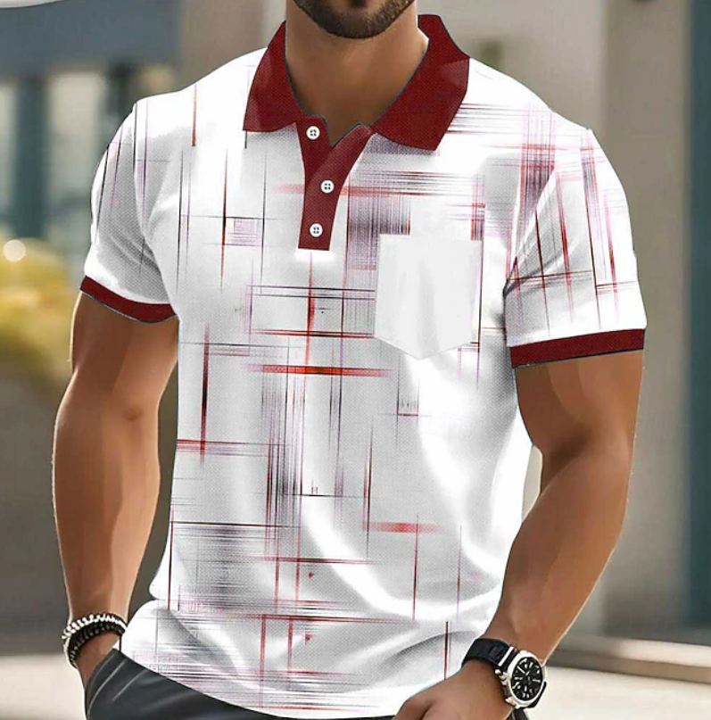 Men's Geometric Print Polo Shirt with Button Placket and Chest Pocket