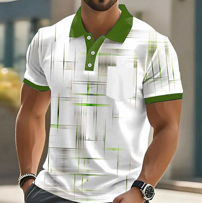 Men's Geometric Print Polo Shirt with Button Placket and Chest Pocket