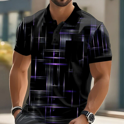 Men's Geometric Print Polo Shirt with Button Placket and Chest Pocket